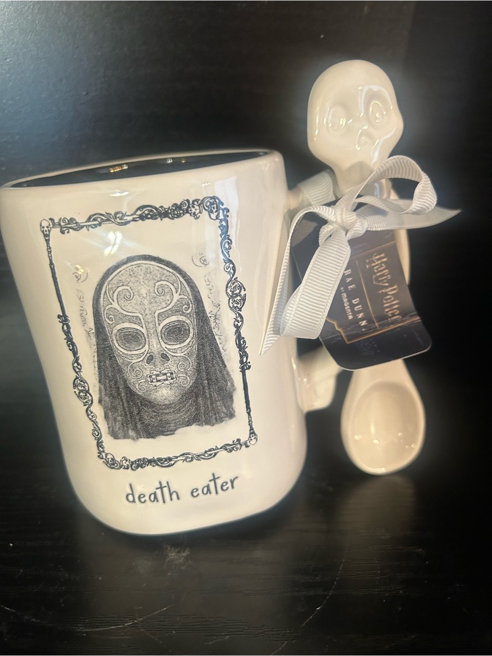 Rae Dunn White Ceramic 'Death Eater' Mug with Skull Spoon